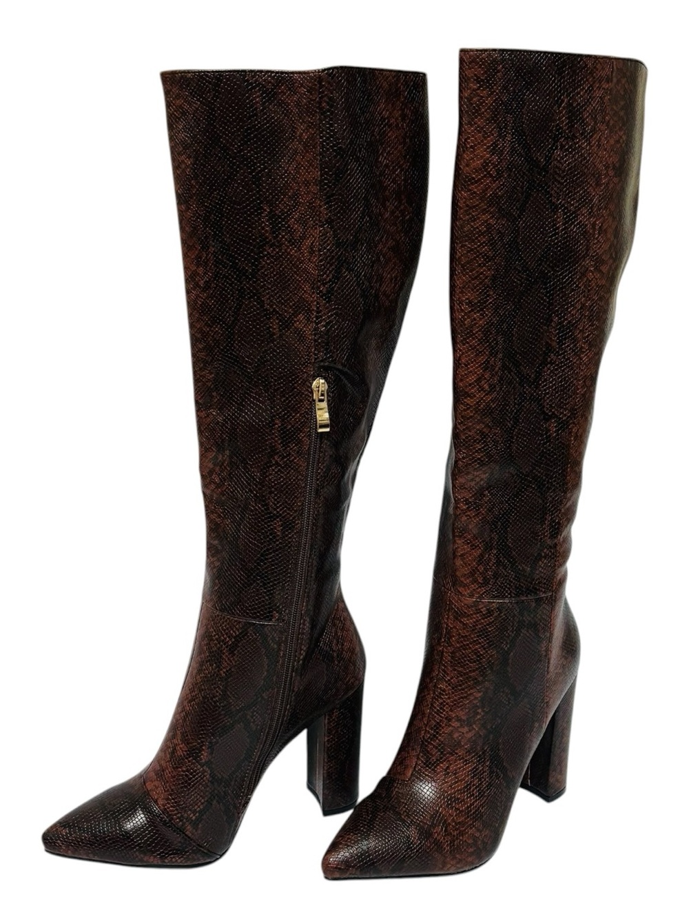Billini Milla Brown Snakeskin Knee High Boots US 8 Pointed Toe Block Heel Shoes